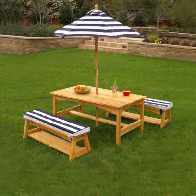 Kidkraft Outdoor Table & Bench Set with Cushions & Umbrella - Navy & White Stripes2