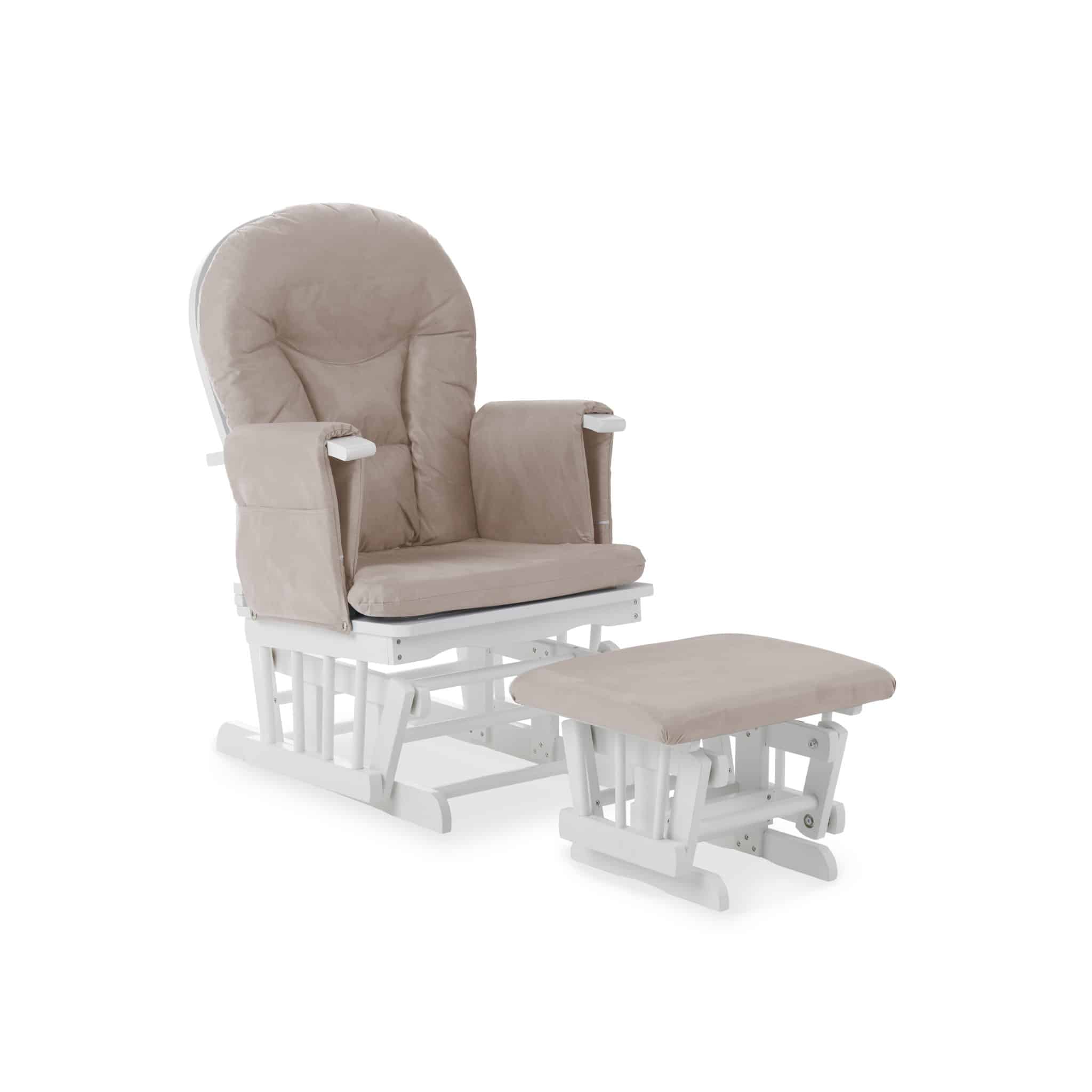 obaby reclining glider chair and stool  white with sand cushions