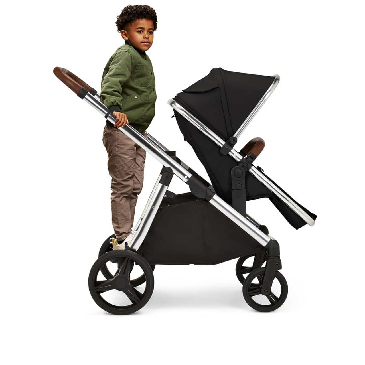 Ickle Bubba Eclipse Isofix Travel System with Standing Board - Jet Black  (Tan Handles) - Baby and Child Store