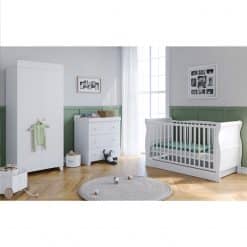 The Lydford Sleigh Cot 3 Piece Nursery Room Set with Underdrawer - White