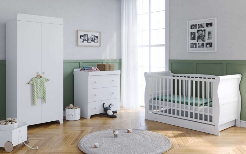 The Lydford Sleigh 4-piece Nursery Room Set with Underdrawer White