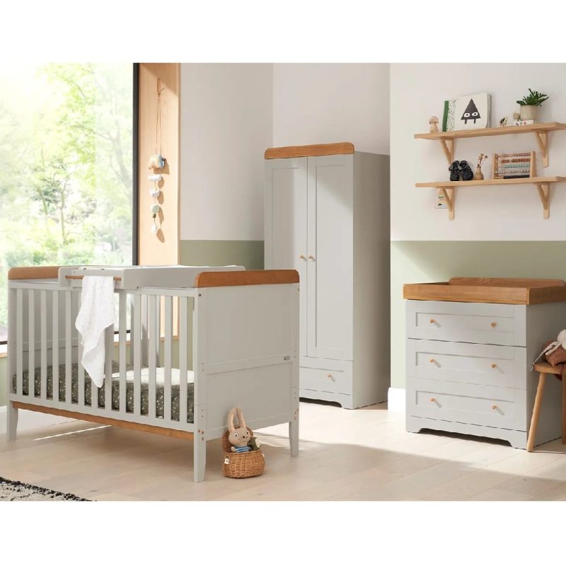 Tutti Bambini Rio 7 Piece Nursery Room Set with Shelves/Toy Box/Mattress - Dove Grey/Oak