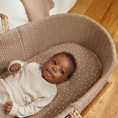 Little Green Sheep Knitted Moses Basket W/Rocking Stand - Truffle
