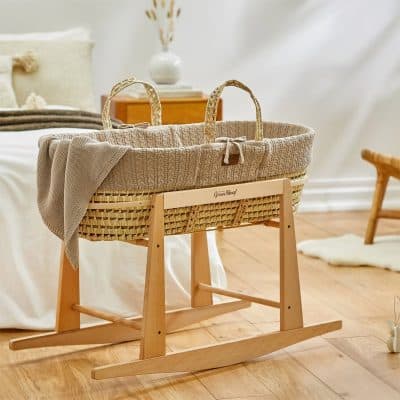 Little Green Sheep Knitted Moses Basket W/Rocking Stand - Truffle
